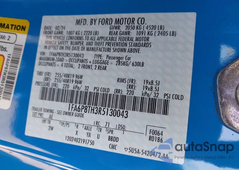 2024 Ford Mustang Ecoboost Fastback from USA, damaged, VIN 1FA6P8TH3R5130043